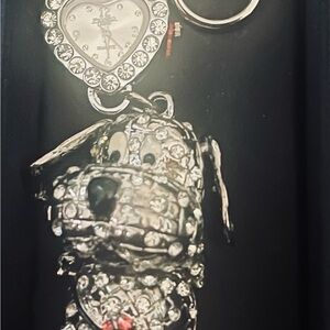 Rhinestone Dog Keychain Charm with Heart Watch - Silver